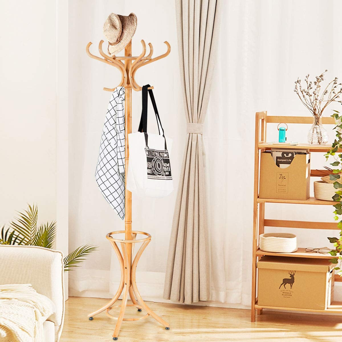 Wooden Standing Coat Rack with 12 Hooks and Umbrella Stand in Natural
