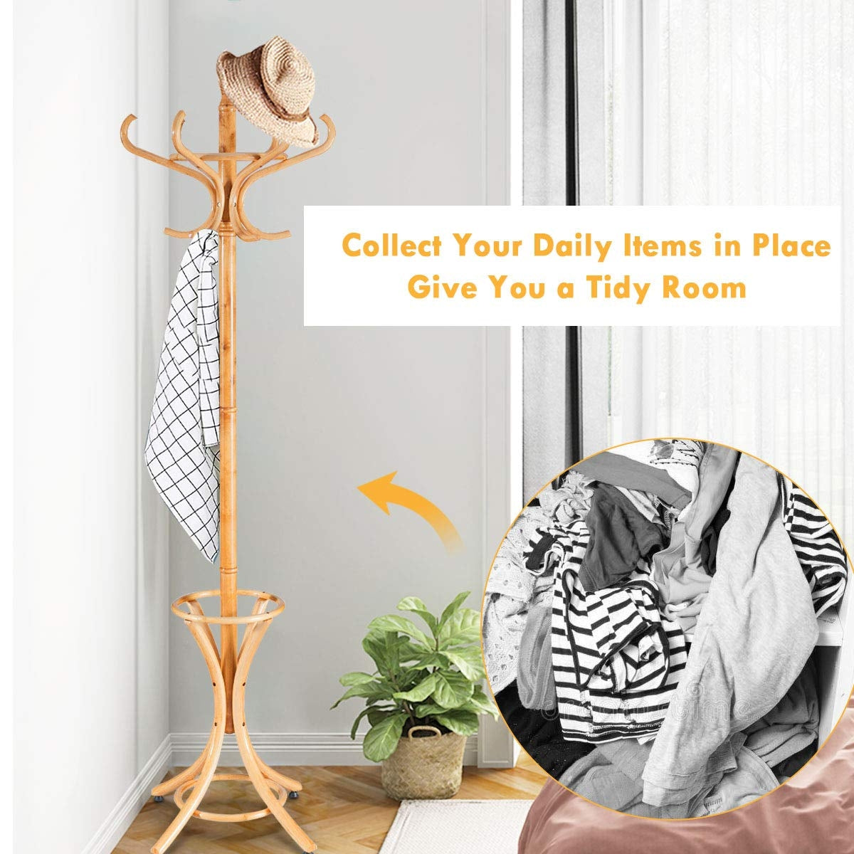 Wooden Standing Coat Rack with 12 Hooks and Umbrella Stand in Natural