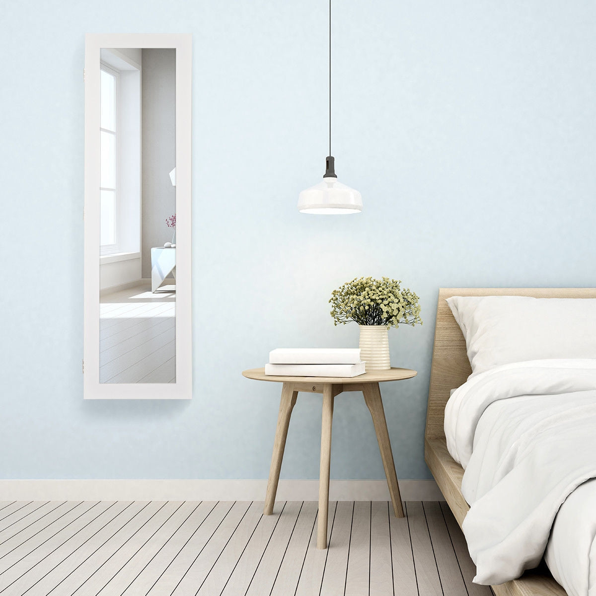 Wall & Door Mounted Jewelry Cabinet with Full-Length Mirror and Lockable Storage, White MDF