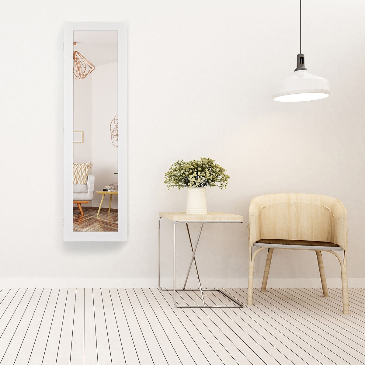 Wall & Door Mounted Jewelry Cabinet with Full-Length Mirror and Lockable Storage, White MDF