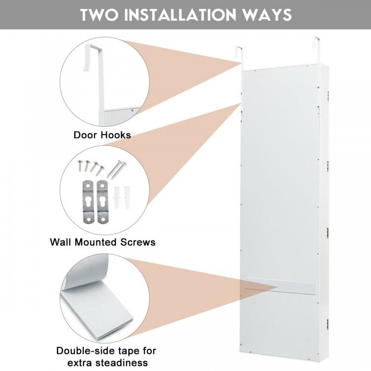 Wall & Door Mounted Jewelry Cabinet with Full-Length Mirror and Lockable Storage, White MDF