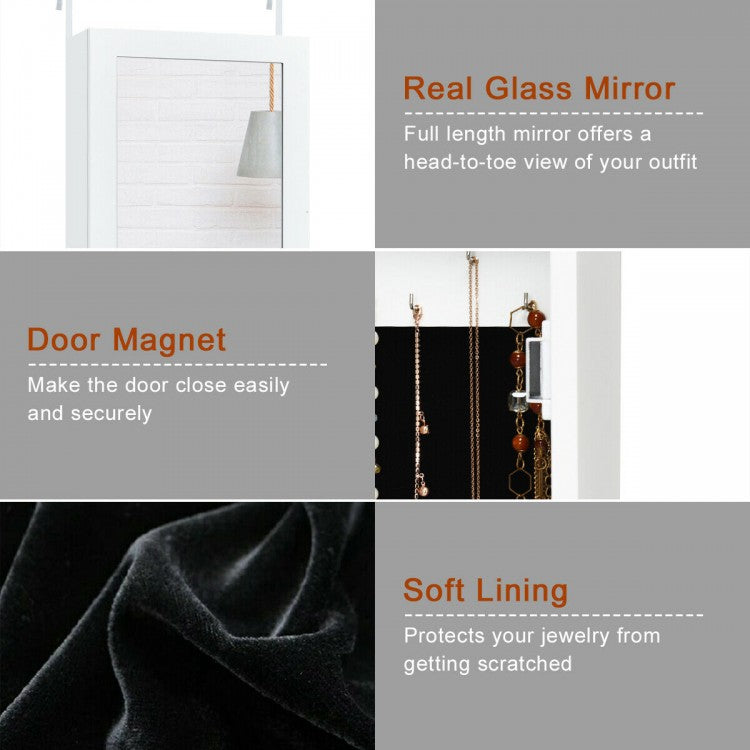 Wall & Door Mounted Jewelry Cabinet with Full-Length Mirror and Lockable Storage, White MDF