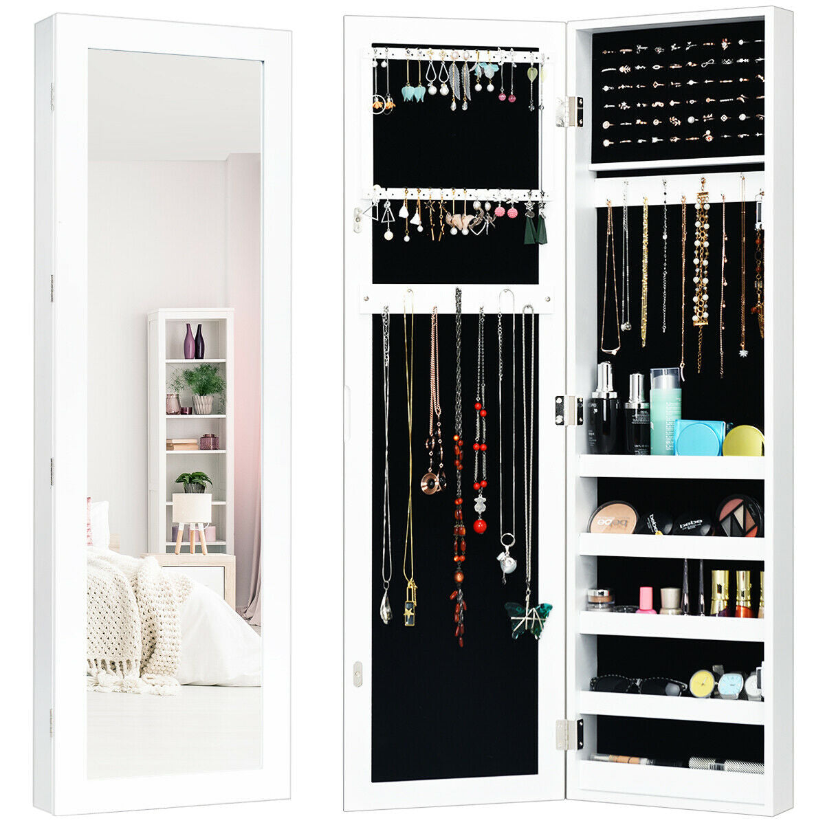 Wall & Door Mounted Jewelry Cabinet with Full-Length Mirror and Lockable Storage, White MDF
