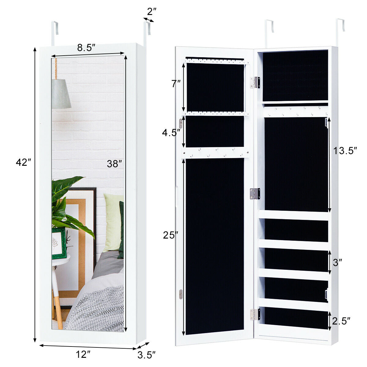 Wall & Door Mounted Jewelry Cabinet with Full-Length Mirror and Lockable Storage, White MDF