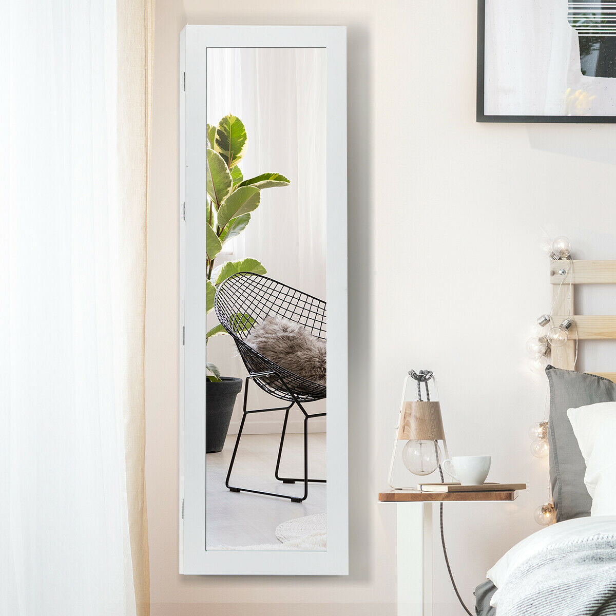 Wall & Door Mounted Jewelry Cabinet with Full-Length Mirror and Lockable Storage, White MDF