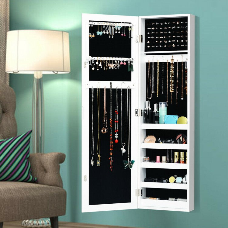 Wall & Door Mounted Jewelry Cabinet with Full-Length Mirror and Lockable Storage, White MDF
