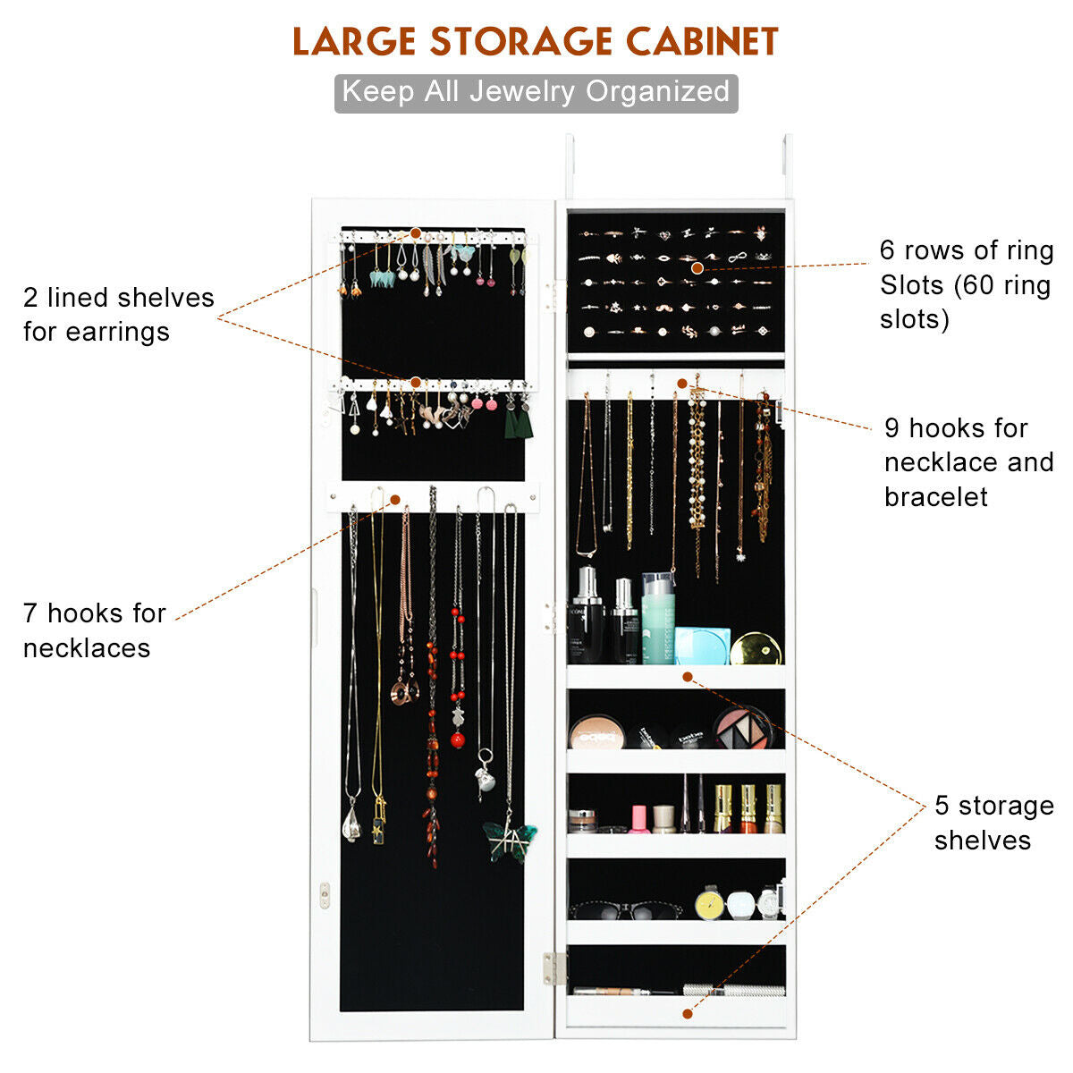 Wall & Door Mounted Jewelry Cabinet with Full-Length Mirror and Lockable Storage, White MDF