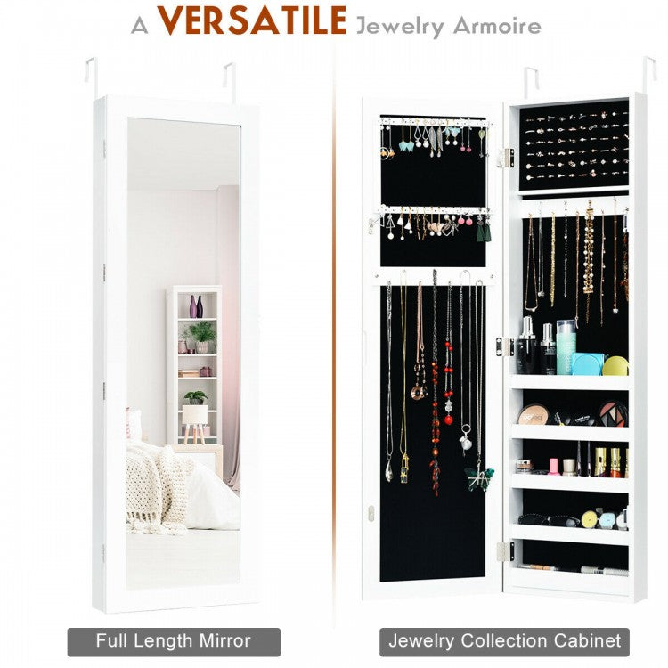 Wall & Door Mounted Jewelry Cabinet with Full-Length Mirror and Lockable Storage, White MDF