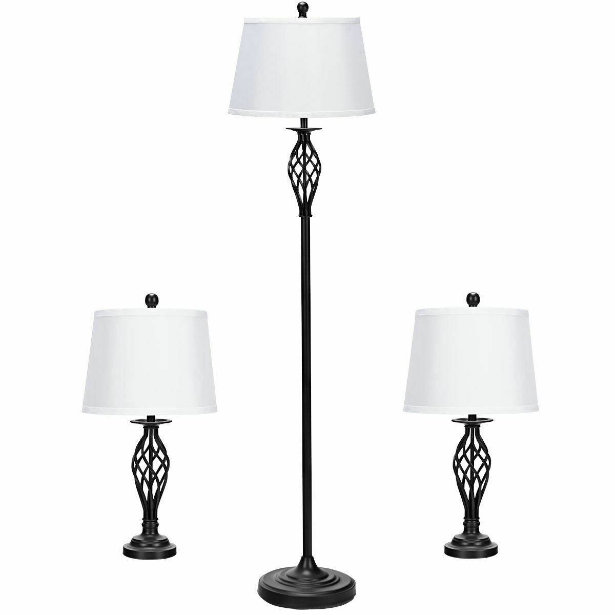 Elegant 3 Piece Lamp Set with 2 Table Lamps and 1 Floor Lamp Featuring Fabric Shades