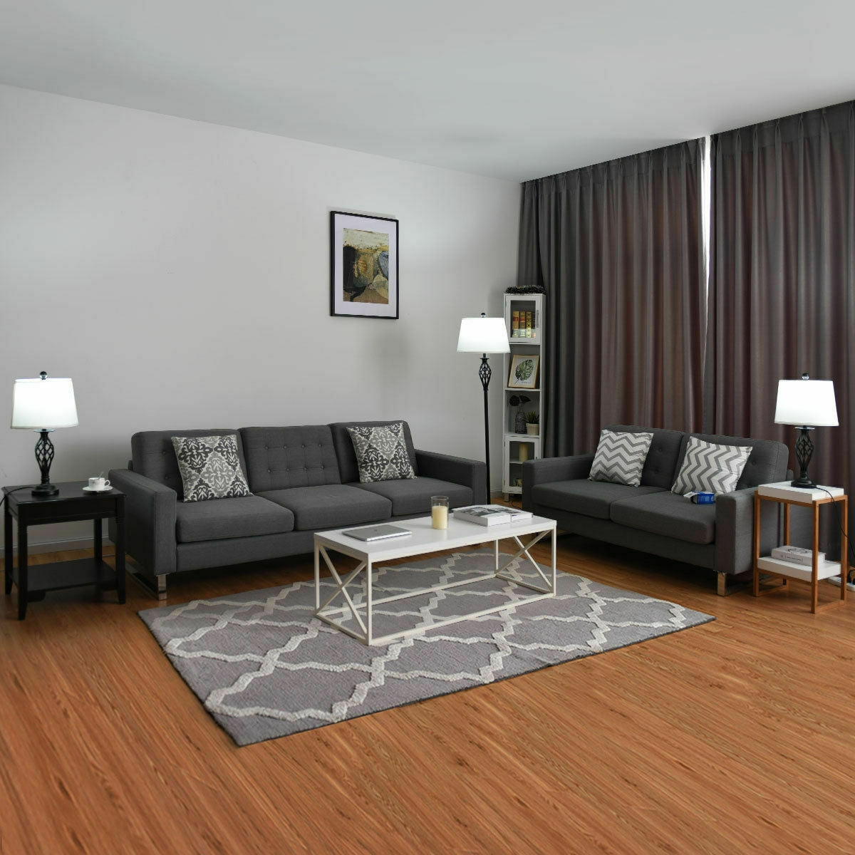 Elegant 3 Piece Lamp Set with 2 Table Lamps and 1 Floor Lamp Featuring Fabric Shades