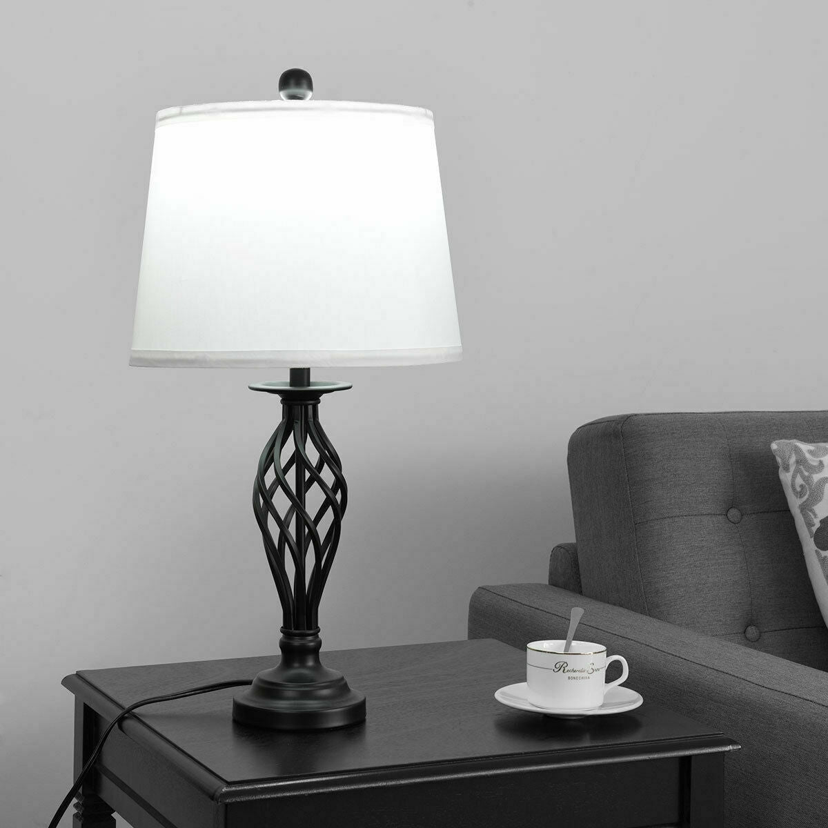 Elegant 3 Piece Lamp Set with 2 Table Lamps and 1 Floor Lamp Featuring Fabric Shades