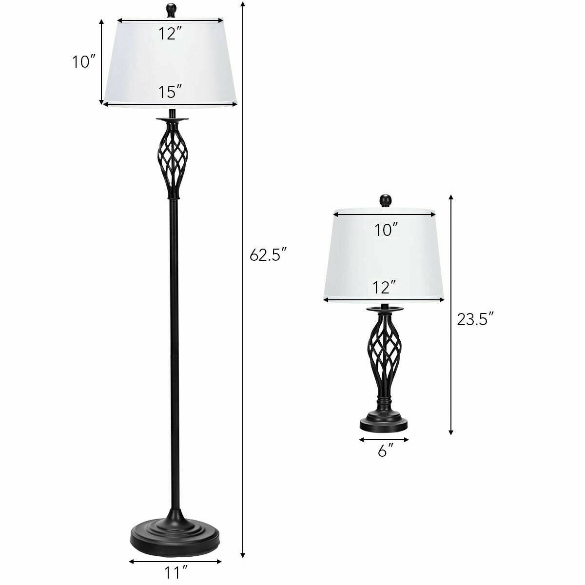 Elegant 3 Piece Lamp Set with 2 Table Lamps and 1 Floor Lamp Featuring Fabric Shades