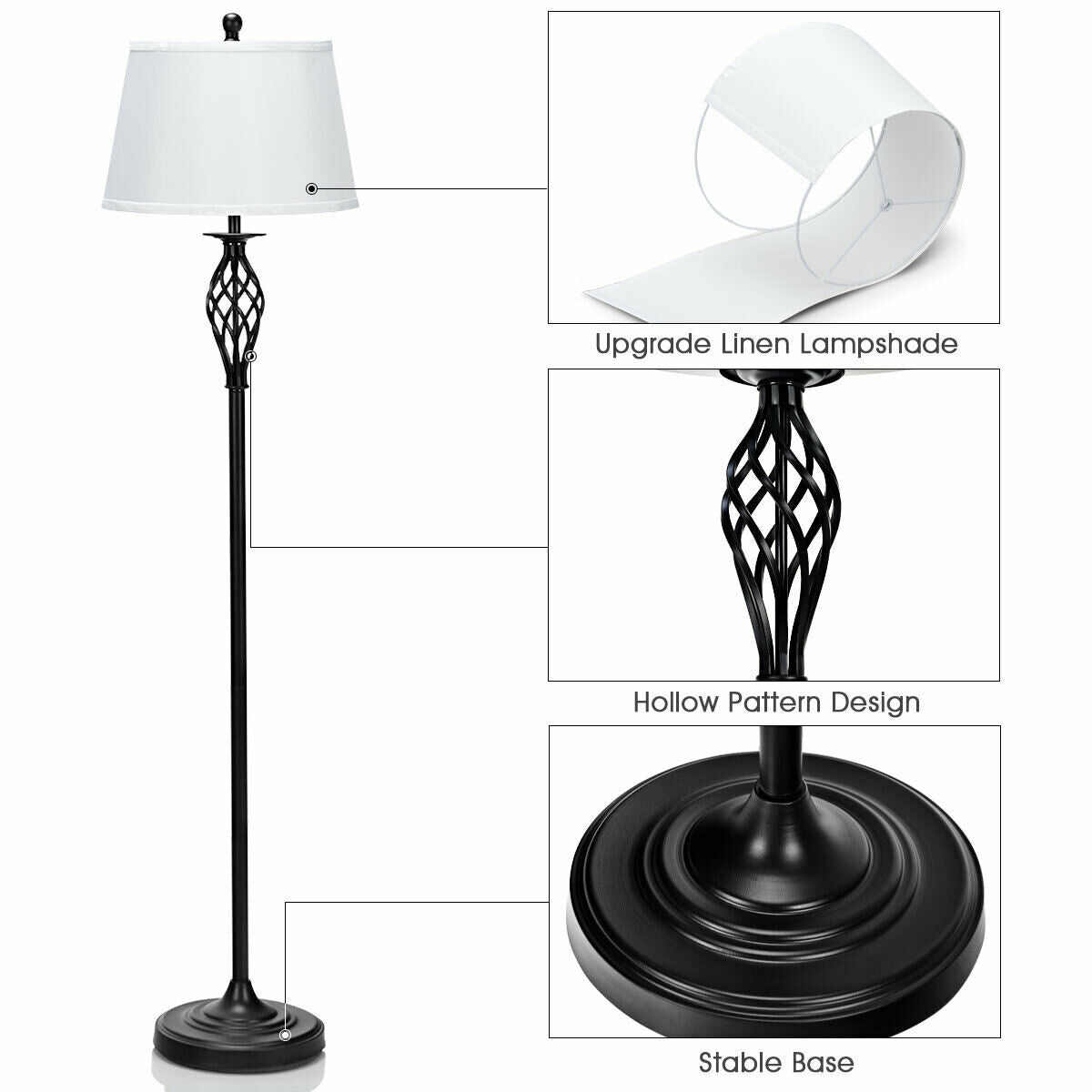 Elegant 3 Piece Lamp Set with 2 Table Lamps and 1 Floor Lamp Featuring Fabric Shades