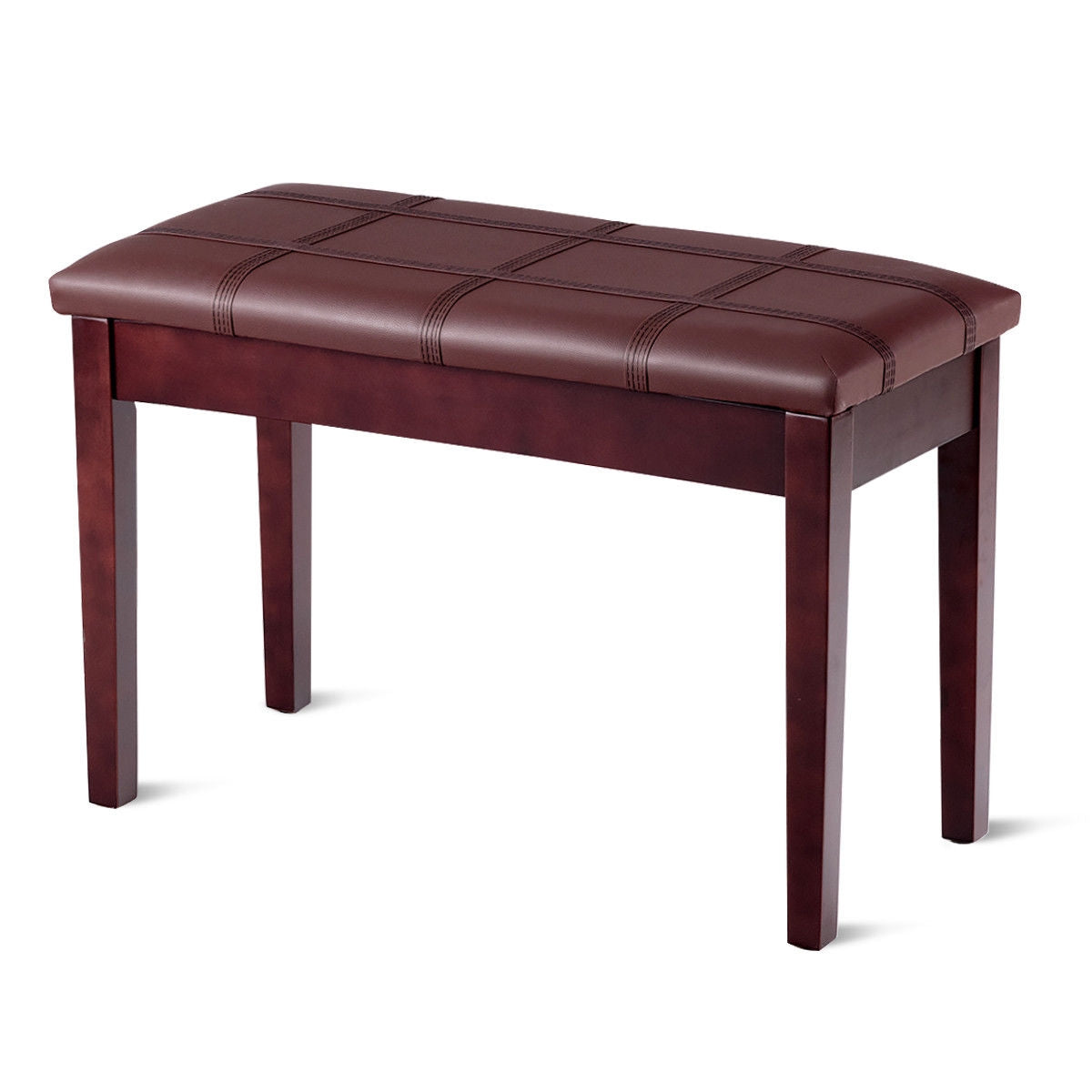 Double Duet Piano Bench with Storage and PU Leather Upholstery Solid Wood Frame - Brown