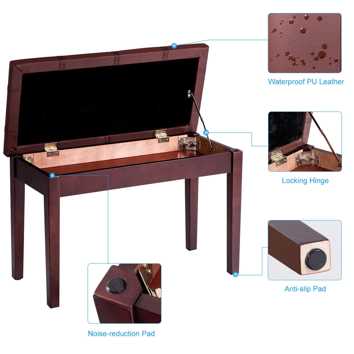Double Duet Piano Bench with Storage and PU Leather Upholstery Solid Wood Frame - Brown