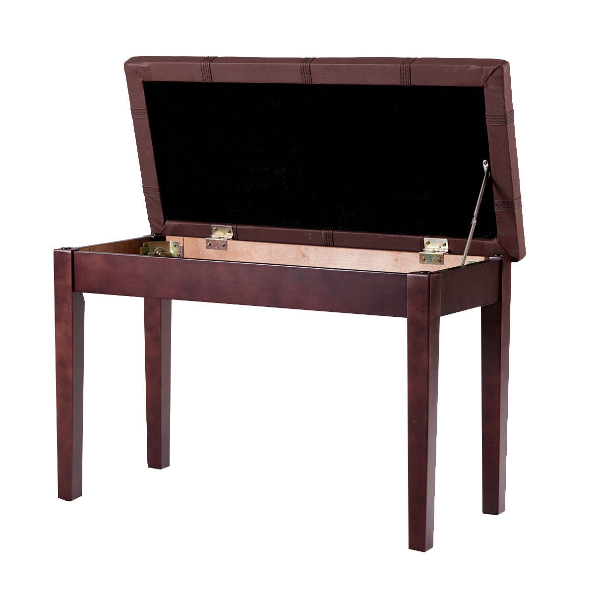 Double Duet Piano Bench with Storage and PU Leather Upholstery Solid Wood Frame - Brown