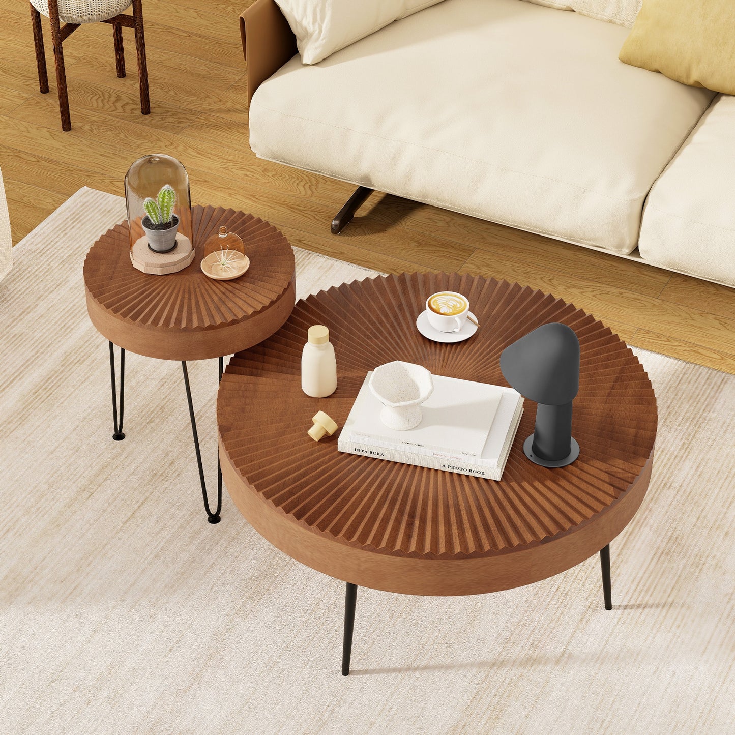Boho Nesting Coffee Table Set of 2 with Solid Pine Wood Tops and Sturdy Metal Legs
