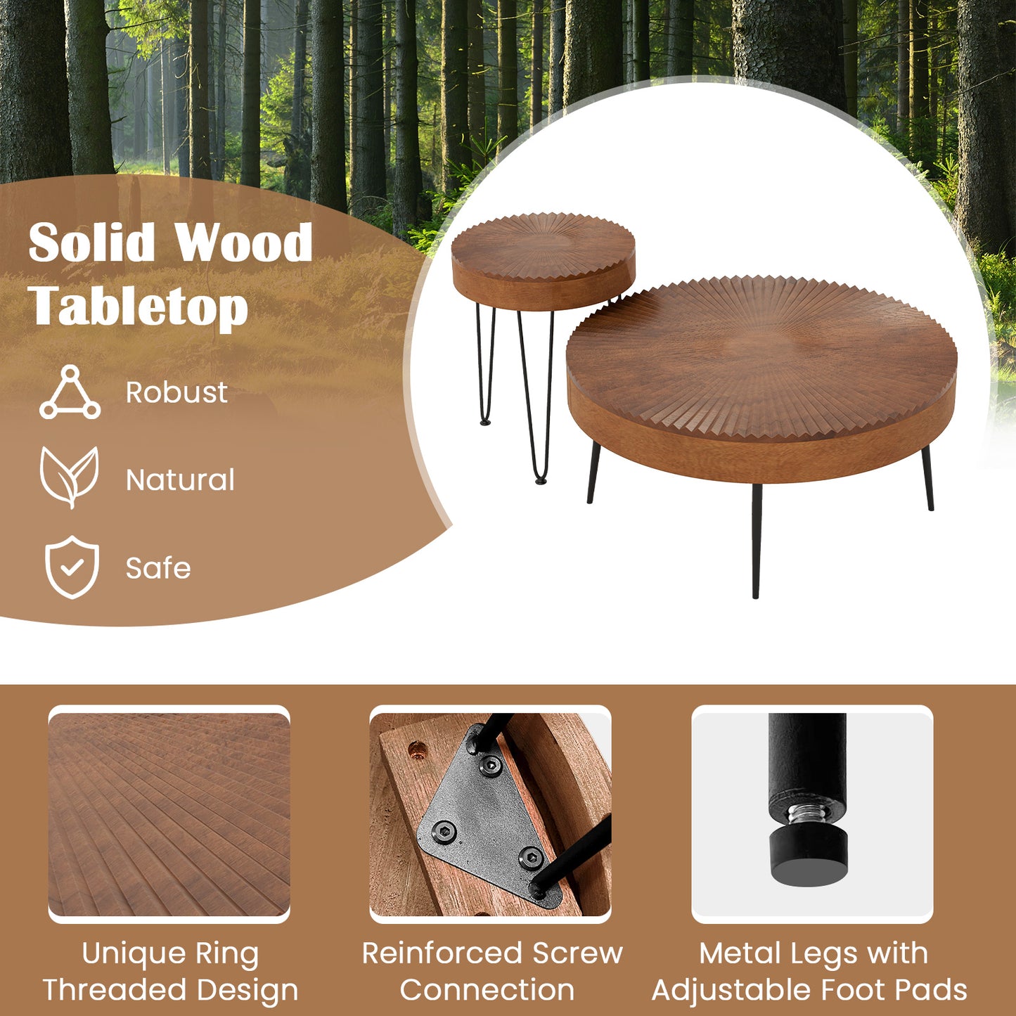 Boho Nesting Coffee Table Set of 2 with Solid Pine Wood Tops and Sturdy Metal Legs