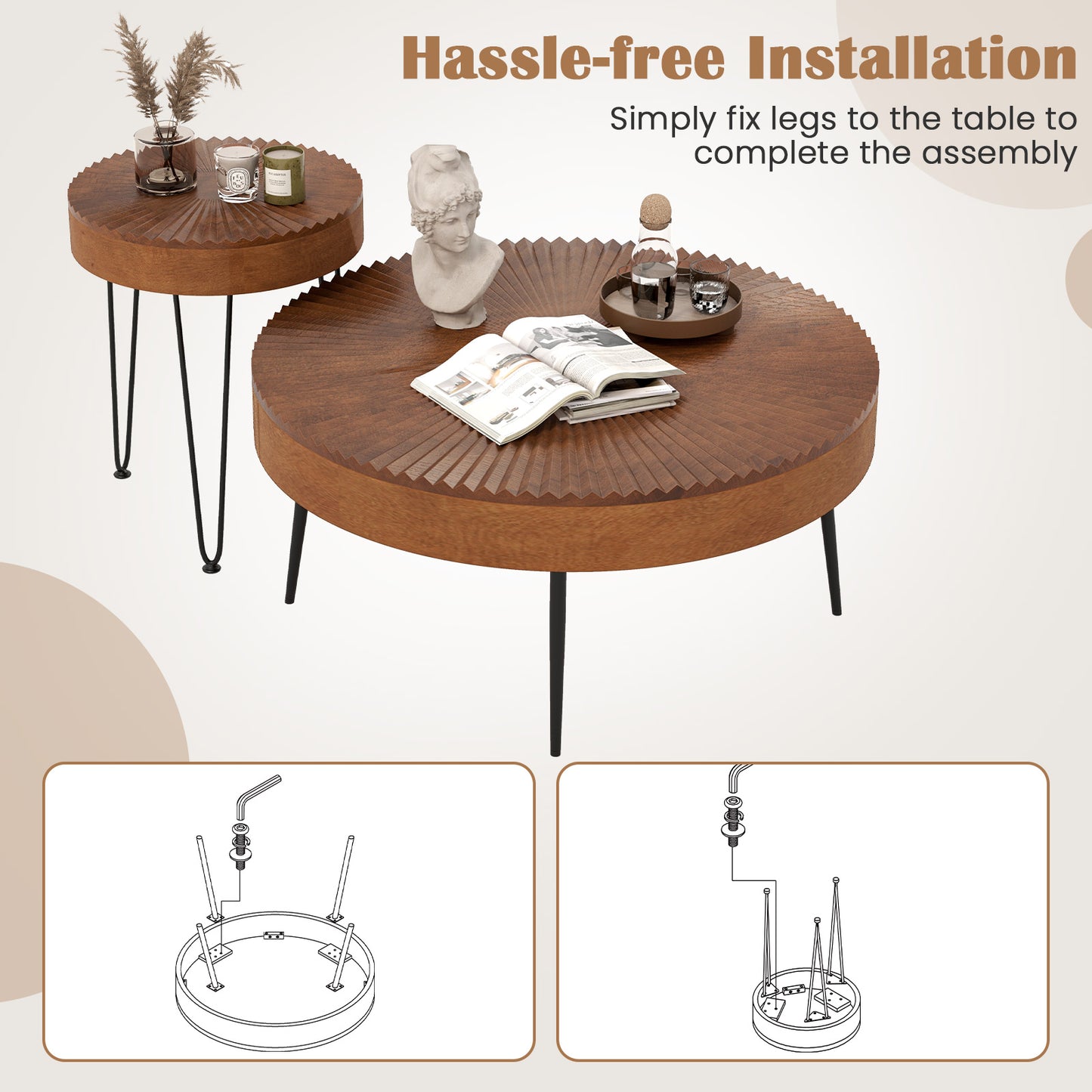 Boho Nesting Coffee Table Set of 2 with Solid Pine Wood Tops and Sturdy Metal Legs