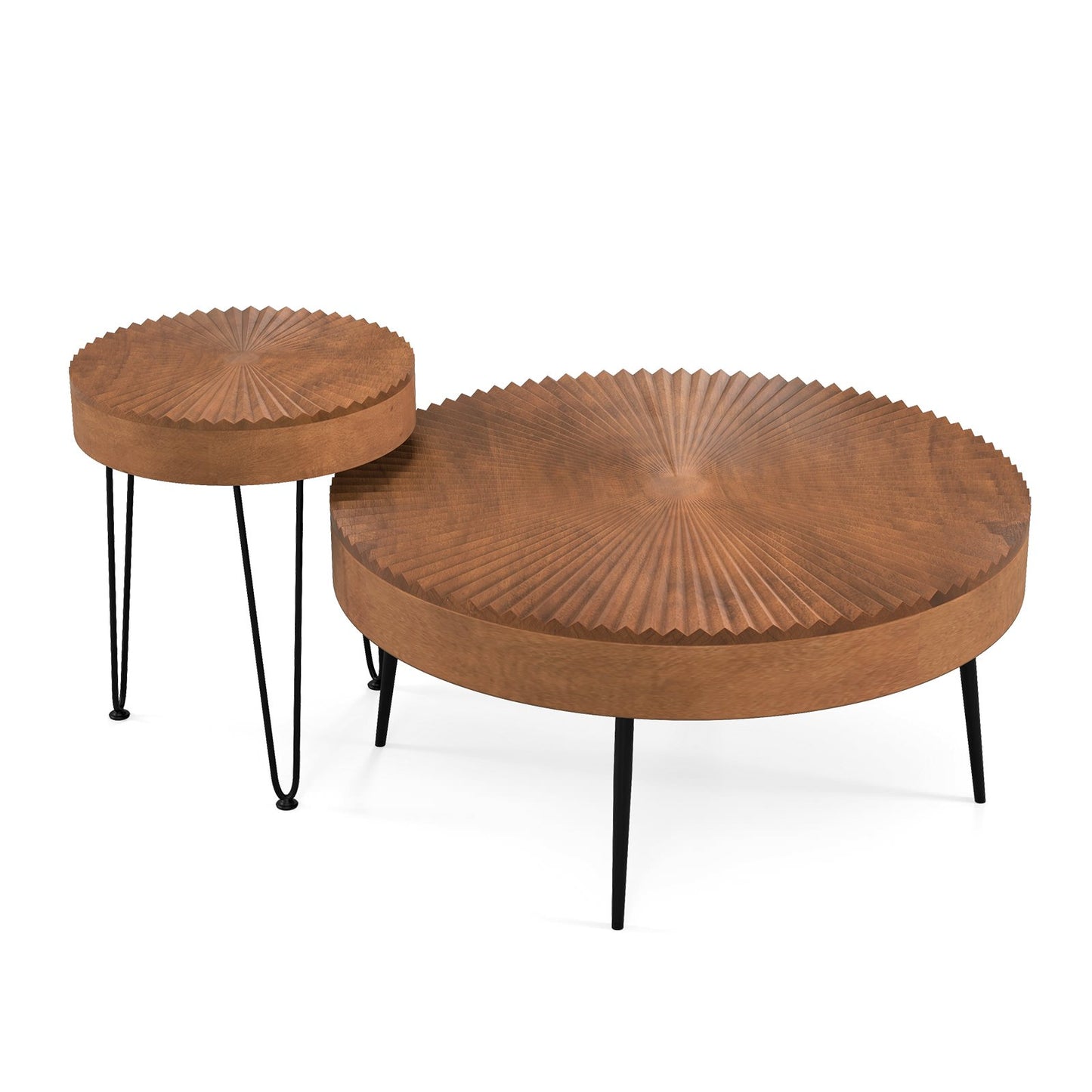 Boho Nesting Coffee Table Set of 2 with Solid Pine Wood Tops and Sturdy Metal Legs