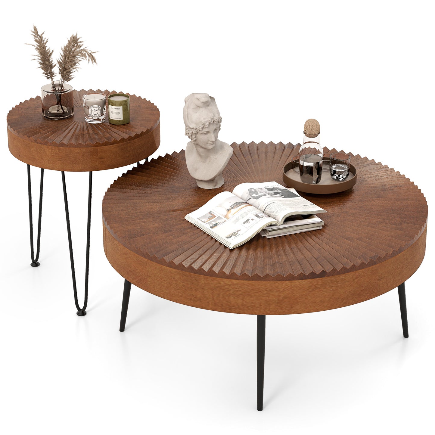 Boho Nesting Coffee Table Set of 2 with Solid Pine Wood Tops and Sturdy Metal Legs