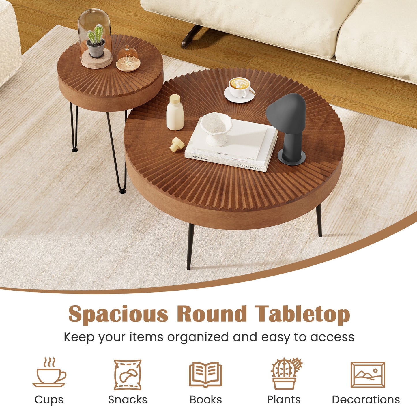 Boho Nesting Coffee Table Set of 2 with Solid Pine Wood Tops and Sturdy Metal Legs