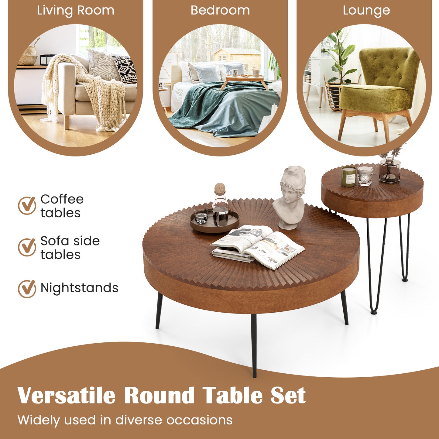 Boho Nesting Coffee Table Set of 2 with Solid Pine Wood Tops and Sturdy Metal Legs