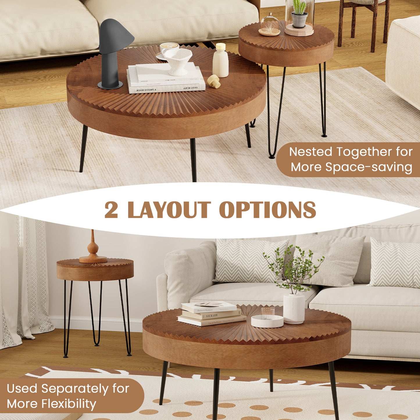 Boho Nesting Coffee Table Set of 2 with Solid Pine Wood Tops and Sturdy Metal Legs