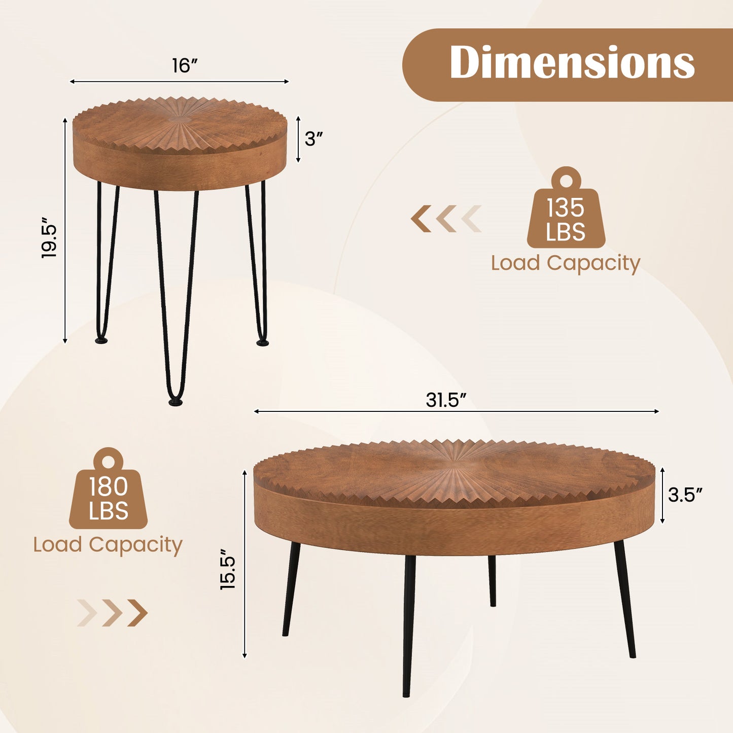 Boho Nesting Coffee Table Set of 2 with Solid Pine Wood Tops and Sturdy Metal Legs