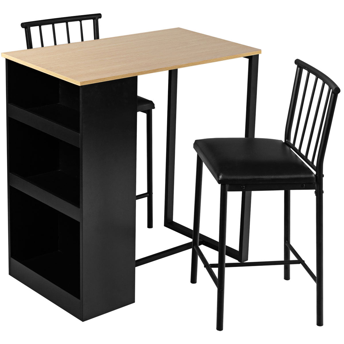3 Piece Counter Height Dining Set with Storage Shelves and PU Leather Chairs in Natural Wood Finish