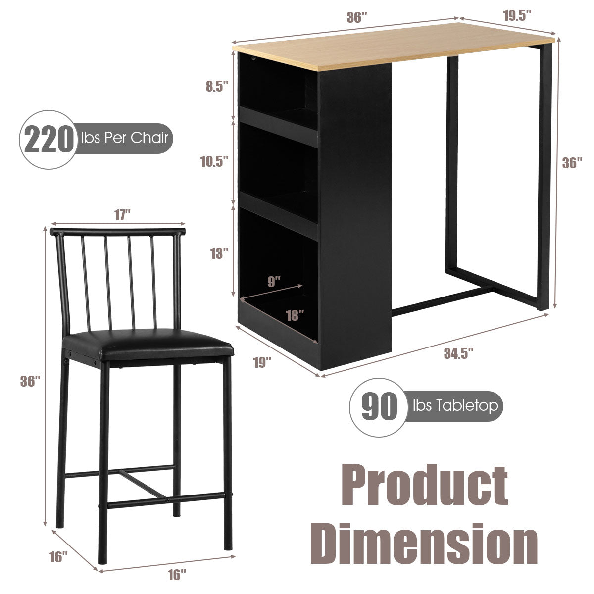 3 Piece Counter Height Dining Set with Storage Shelves and PU Leather Chairs in Natural Wood Finish