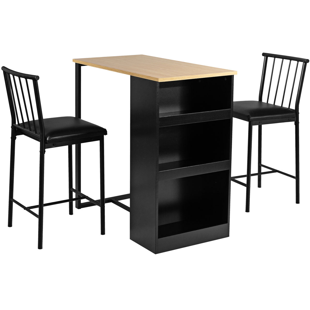 3 Piece Counter Height Dining Set with Storage Shelves and PU Leather Chairs in Natural Wood Finish