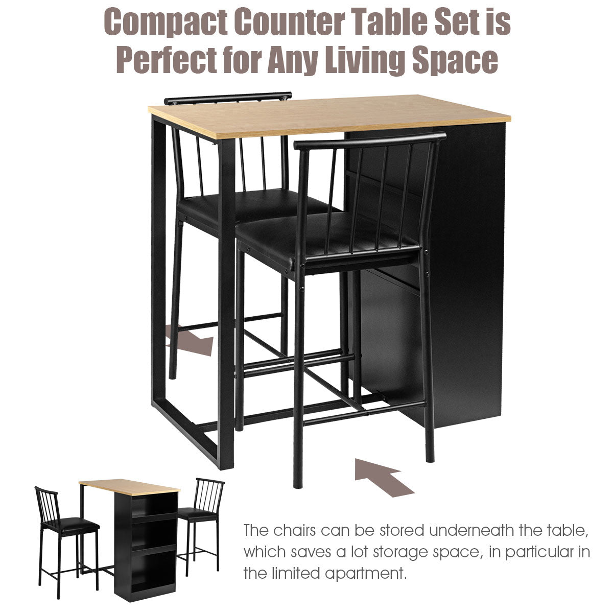 3 Piece Counter Height Dining Set with Storage Shelves and PU Leather Chairs in Natural Wood Finish