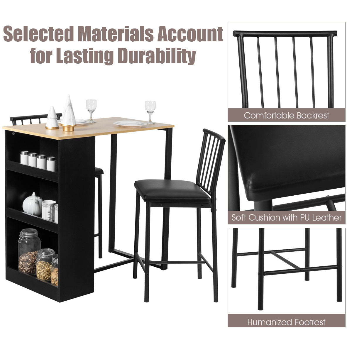3 Piece Counter Height Dining Set with Storage Shelves and PU Leather Chairs in Natural Wood Finish