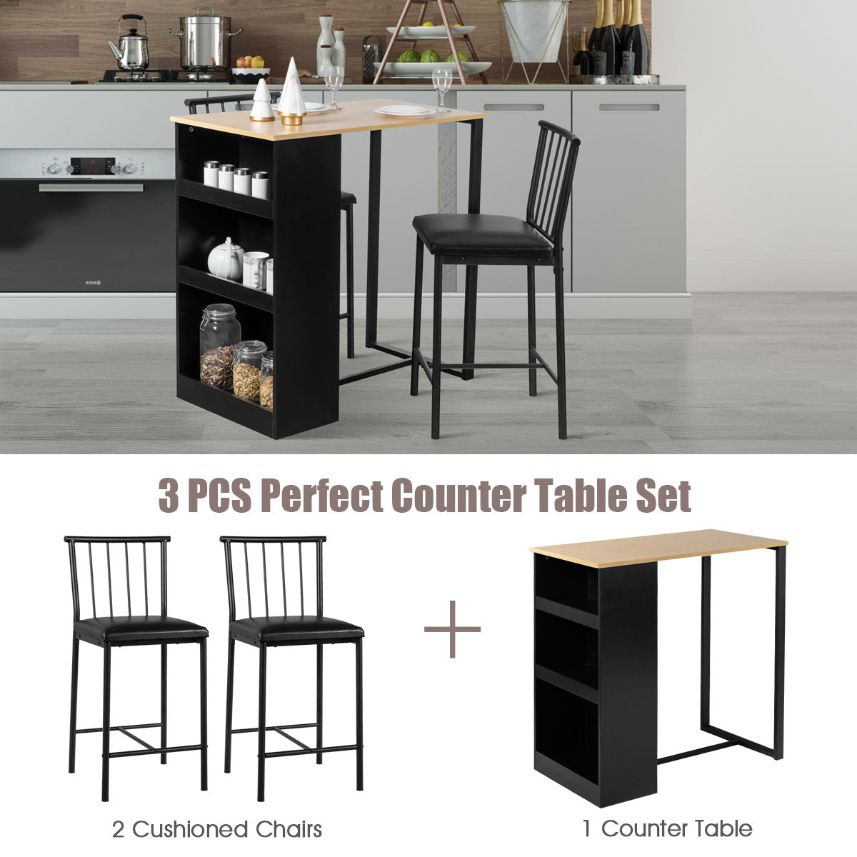 3 Piece Counter Height Dining Set with Storage Shelves and PU Leather Chairs in Natural Wood Finish