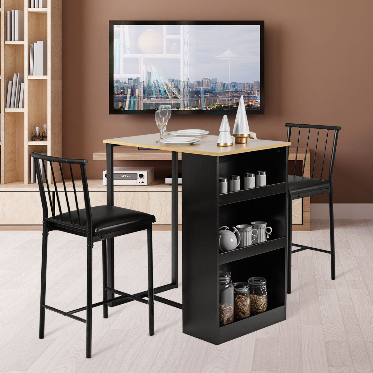 3 Piece Counter Height Dining Set with Storage Shelves and PU Leather Chairs in Natural Wood Finish