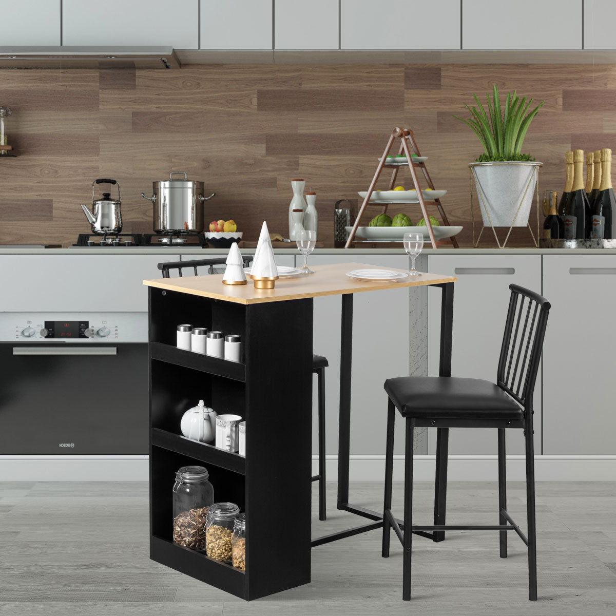 3 Piece Counter Height Dining Set with Storage Shelves and PU Leather Chairs in Natural Wood Finish