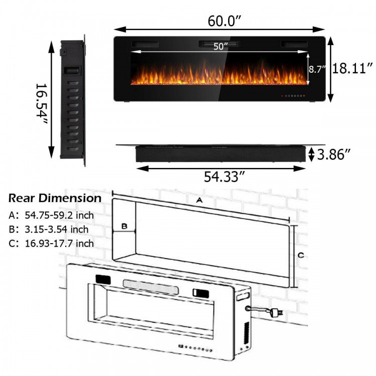 60 Inch Ultra Slim Electric Fireplace with Dual Heat Settings