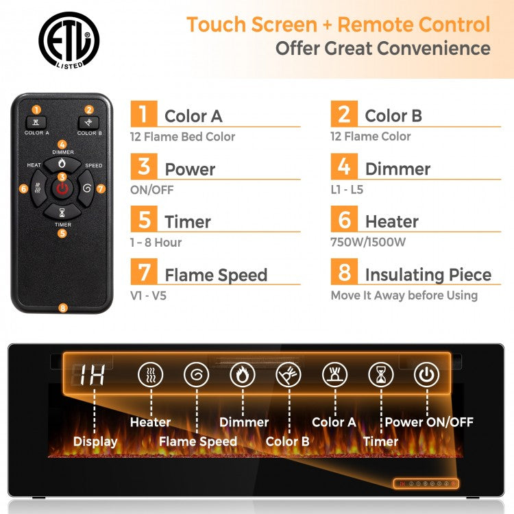 60 Inch Ultra Slim Electric Fireplace with Dual Heat Settings