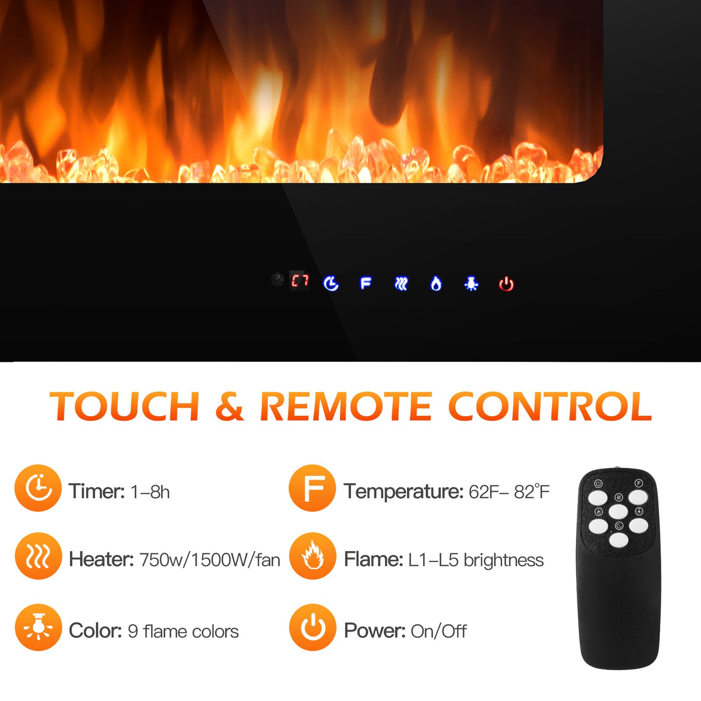 36 Inch Wall Mounted Electric Fireplace Insert with Timer