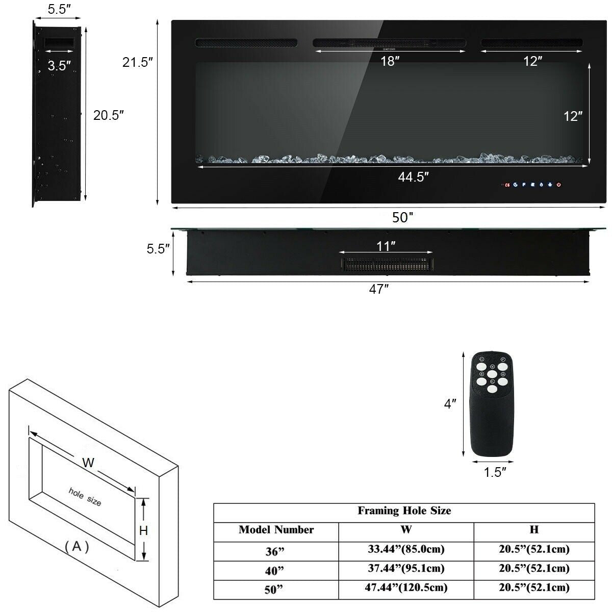 50 Inch Wall Mounted/Recessed Electric Fireplace Insert with Adjustable Brightness