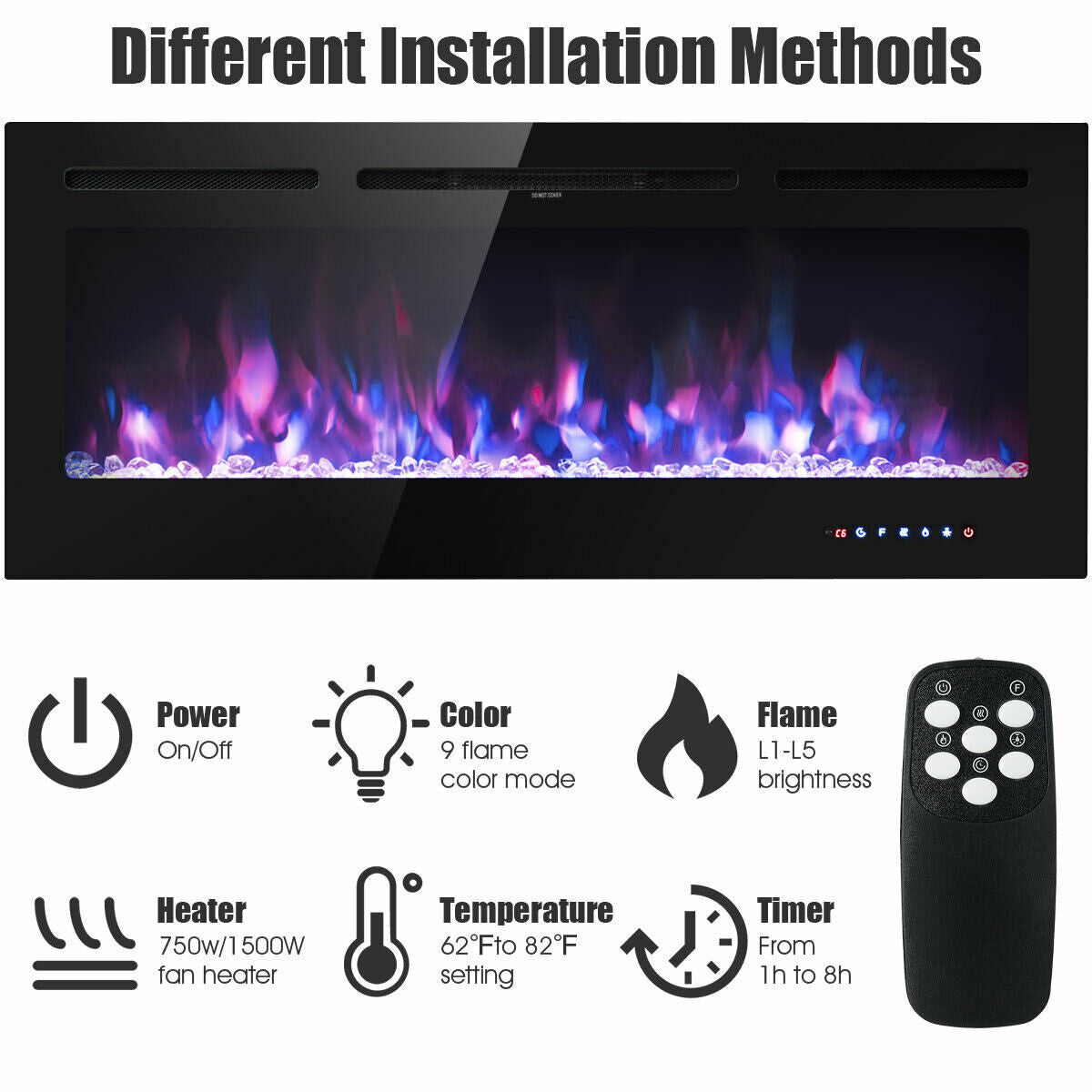 50 Inch Wall Mounted/Recessed Electric Fireplace Insert with Adjustable Brightness