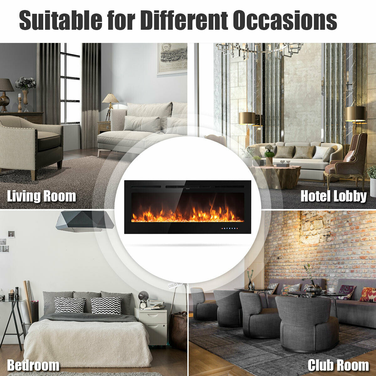 50 Inch Wall Mounted/Recessed Electric Fireplace Insert with Adjustable Brightness
