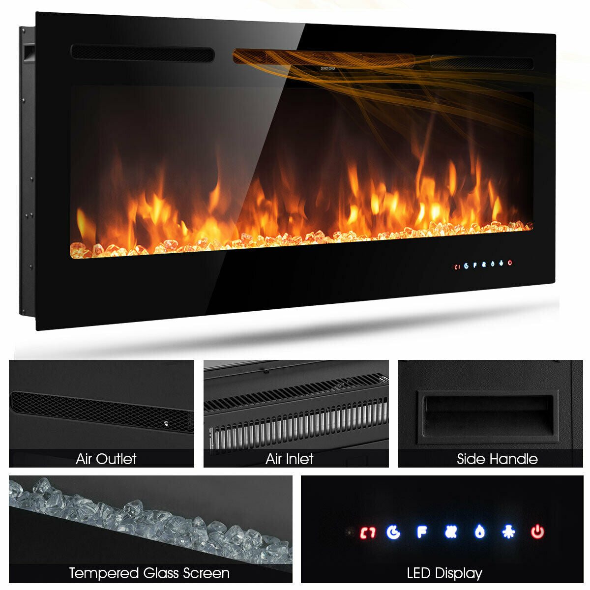 50 Inch Wall Mounted/Recessed Electric Fireplace Insert with Adjustable Brightness