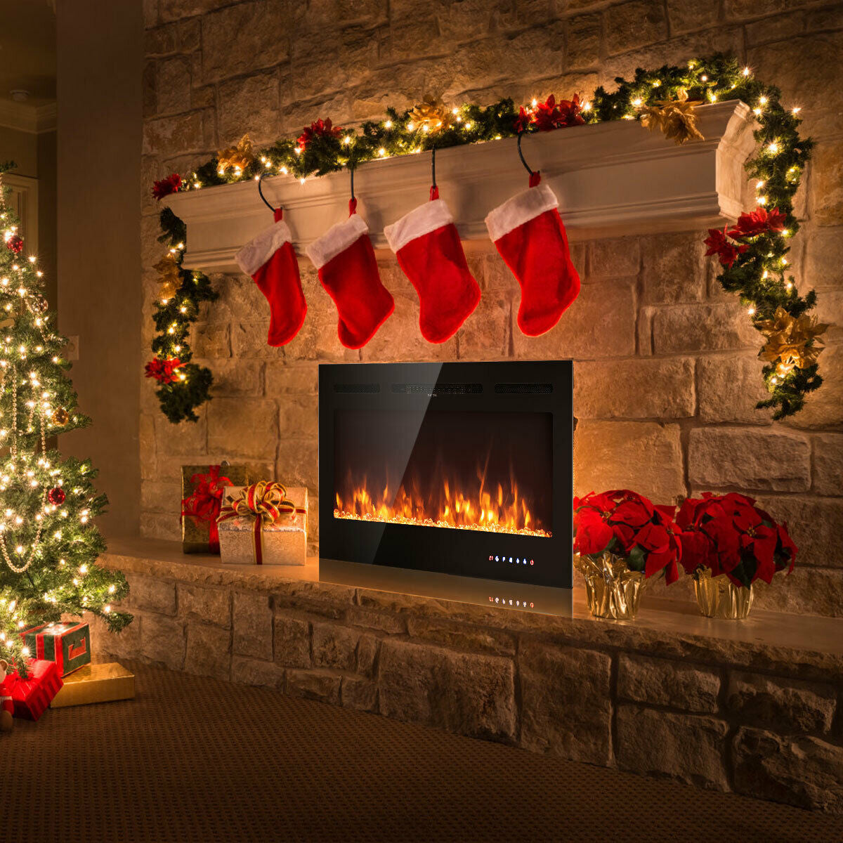 40 Inch Recessed Electric Fireplace with Thermostat & Multi Color Flames