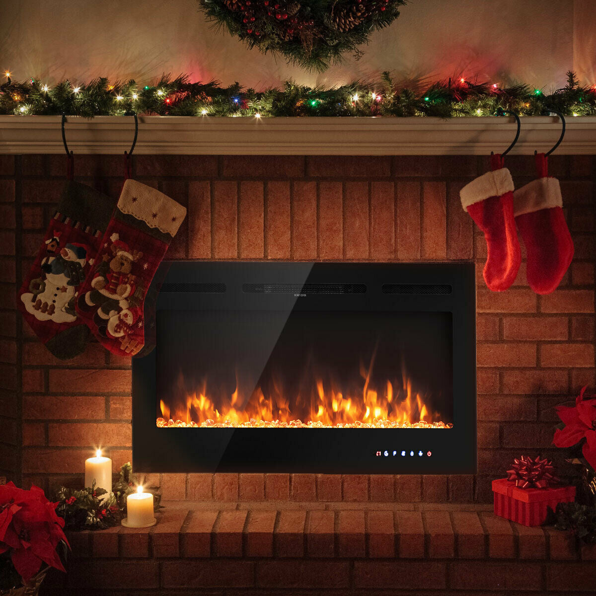 40 Inch Recessed Electric Fireplace with Thermostat & Multi Color Flames