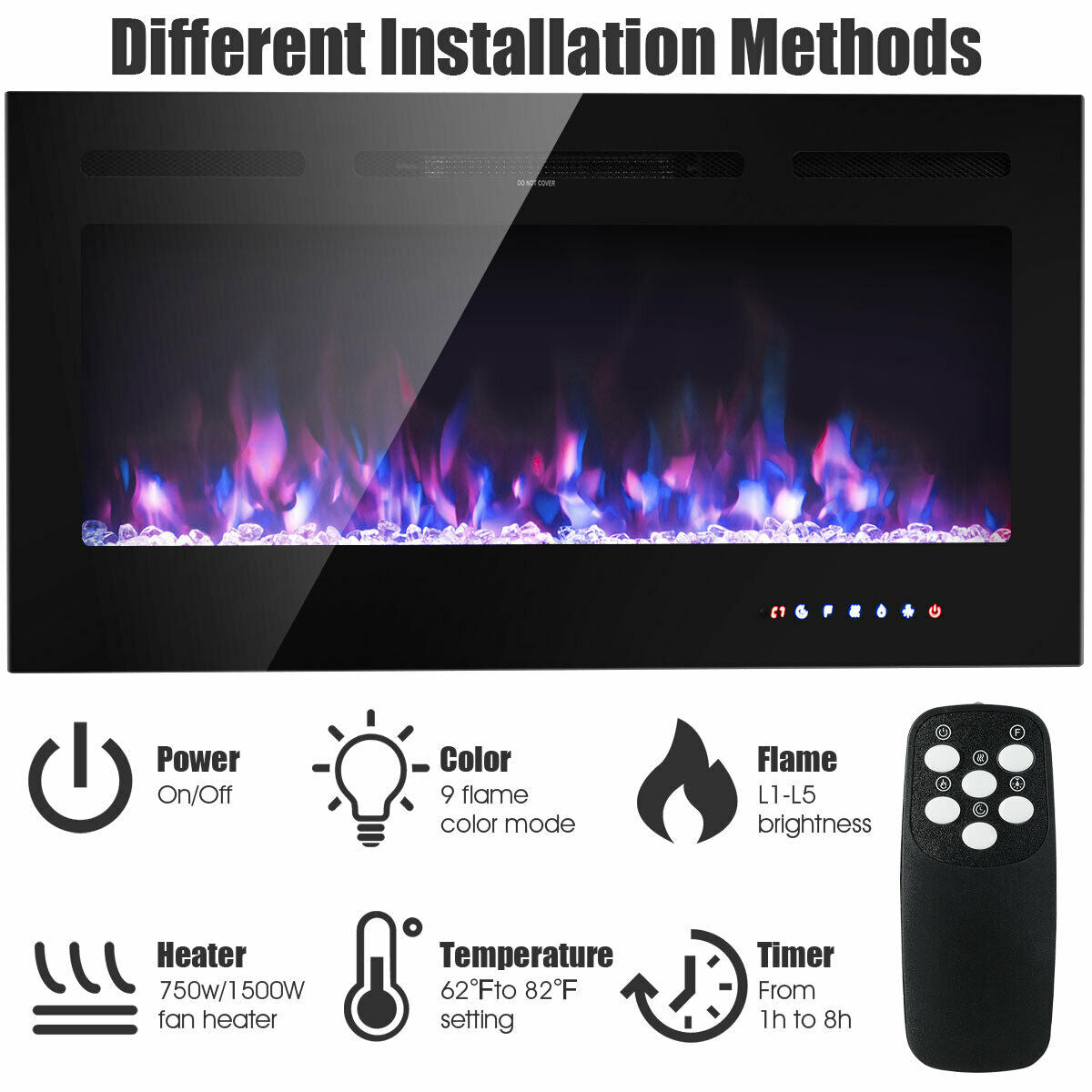 40 Inch Recessed Electric Fireplace with Thermostat & Multi Color Flames