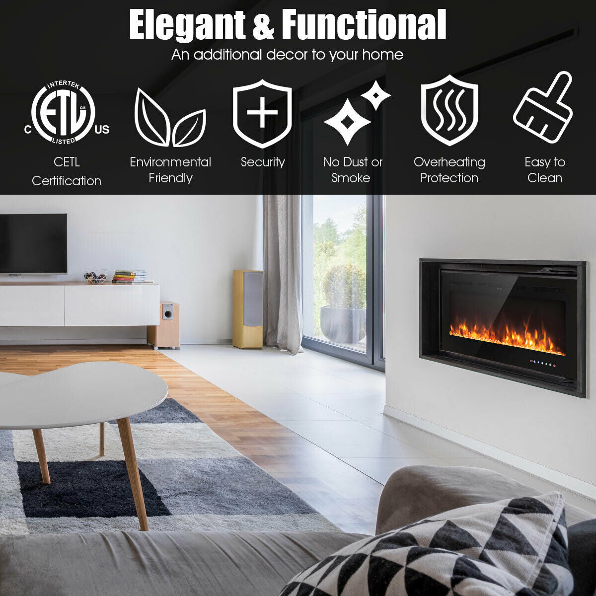 40 Inch Recessed Electric Fireplace with Thermostat & Multi Color Flames