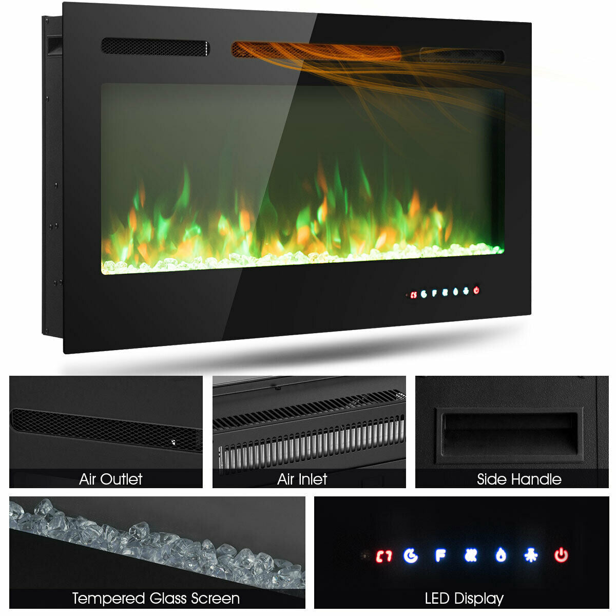 40 Inch Recessed Electric Fireplace with Thermostat & Multi Color Flames