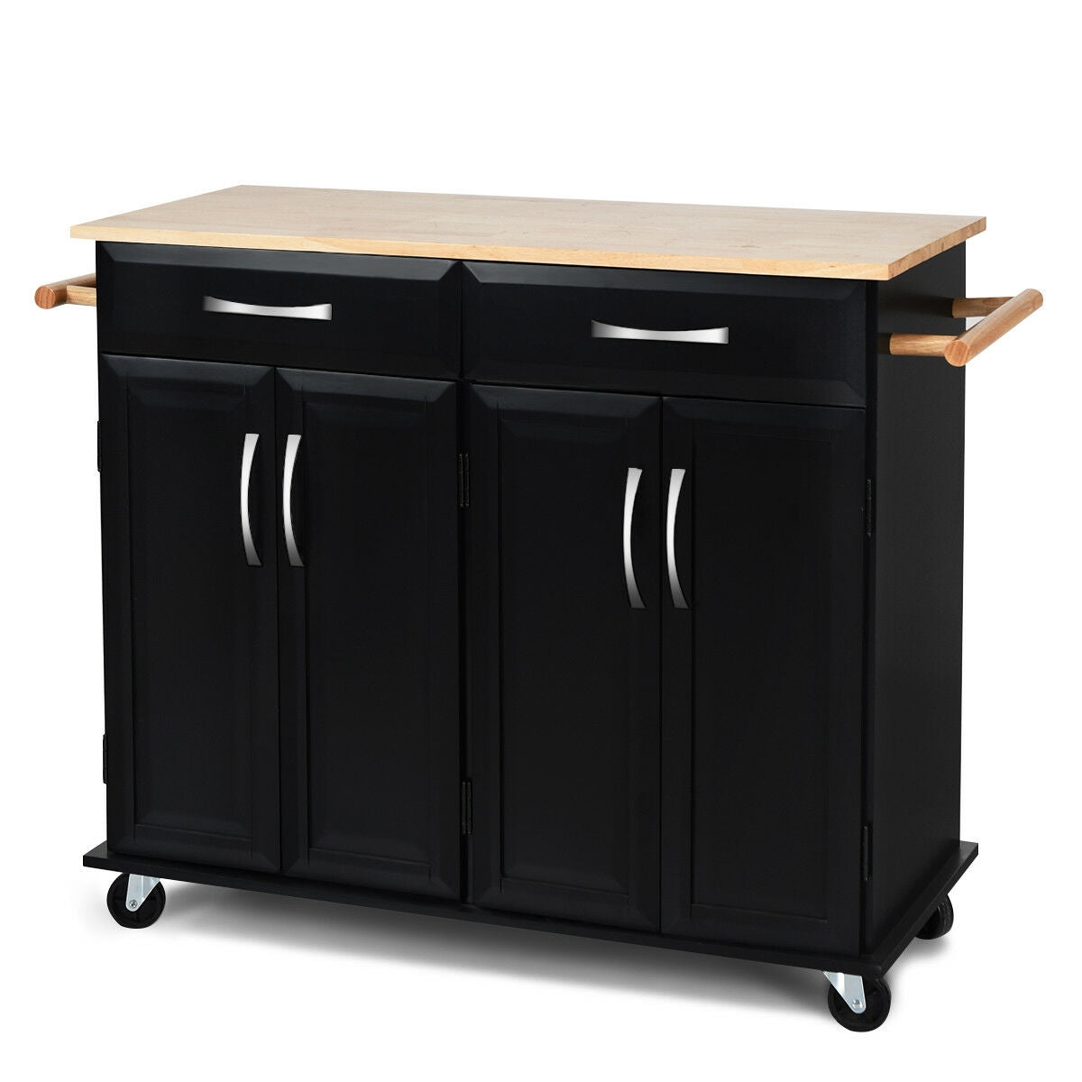 Kitchen Island Cart with Rubber Wood Top and Lockable Rolling Wheels, Black